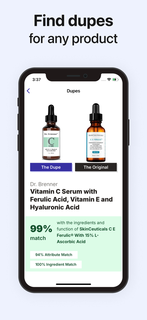 Die SkinSort App-Oberfläche vergleicht ein Vitamin C Serum Dupe mit dem Originalprodukt mit einer 99-prozentigen Inhaltsstoffübereinstimmung.