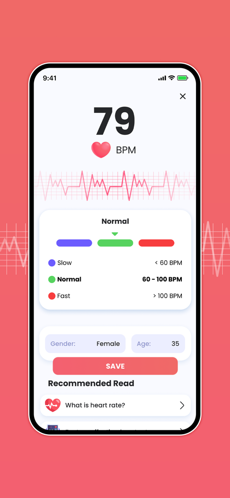 Heart rate monitor app interface showing a normal pulse reading of 79 BPM with health logging options.