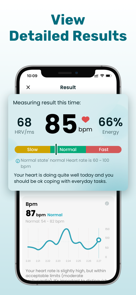 KeepHeart app interface displaying heart rate measurement of 85 bpm with HRV and energy levels