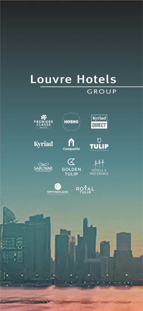 Pantalla de presentación de la app Louvre Hotels Group mostrando logotipos de sus marcas hoteleras, incluyendo Golden Tulip, Campanile y Kyriad.