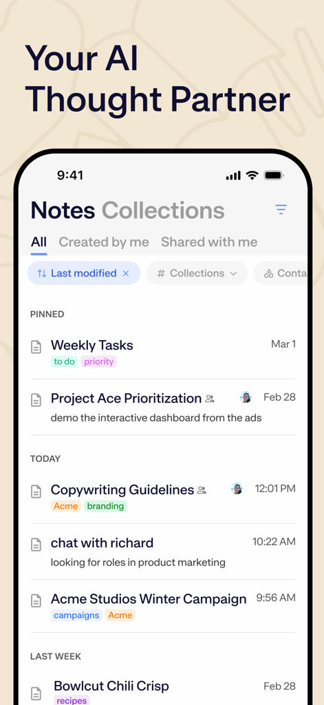 The Mem app interface displaying a list of pinned and recent notes with organizational tags.