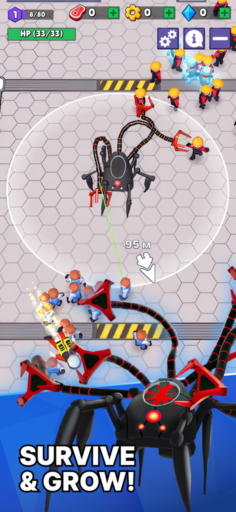 Robot Revenge - Idle Arcade - A black robotic spider creature capturing humans within its attack radius in Robot Revenge Idle Arcade