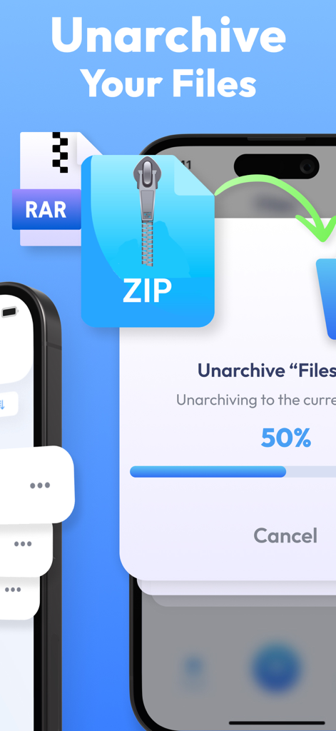 Unzip: Zip File Opener, Unrar - Smartphone screen showing the progress bar of unarchiving a ZIP file in the Unzip app