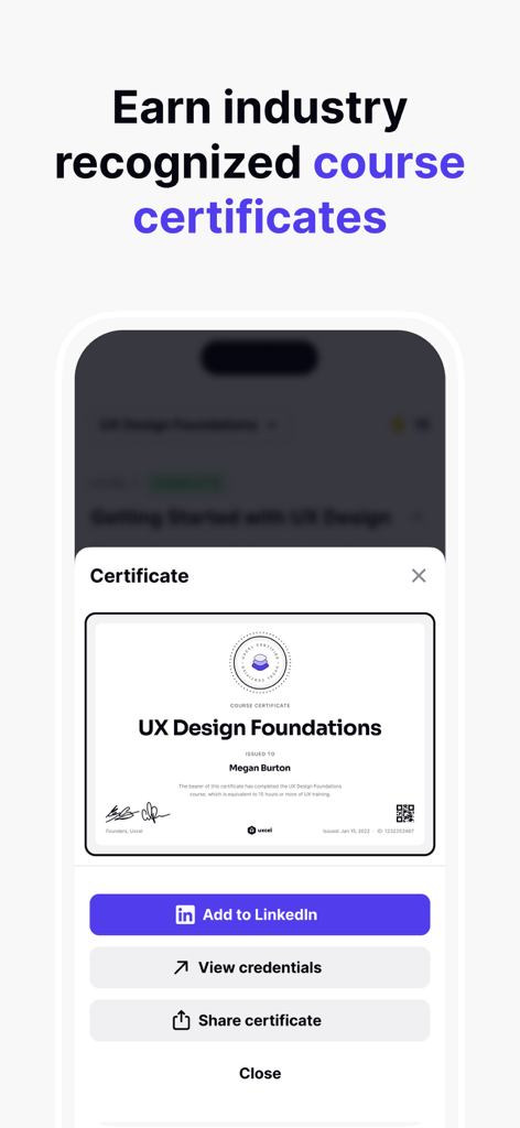 Uxcel: Learn UX design, PM, AI - Certificato del corso UX Design Foundations con opzione per aggiungere a LinkedIn