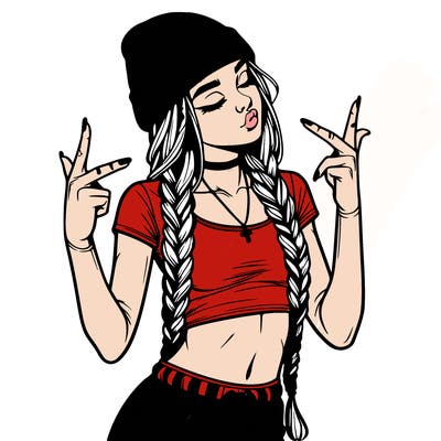 realistic teenage girl with braids and a beanie and crop top doing 🫶🏼