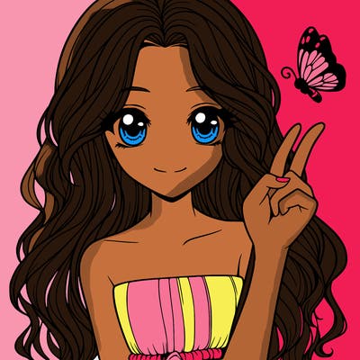 cute semi realistic teenage girl with long, wavy hair with a butterfly on her finger