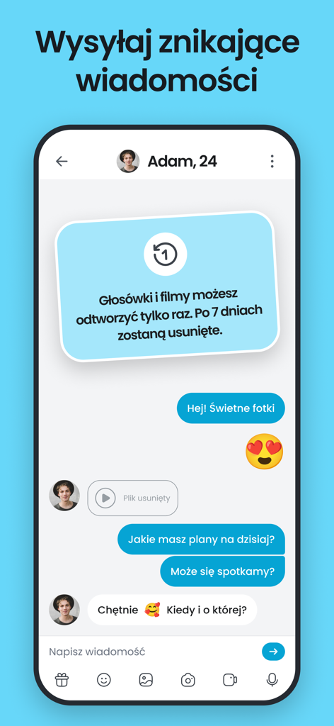 Interface of the Fotka dating app showing a private chat with disappearing voice and video messages for secure communication.
