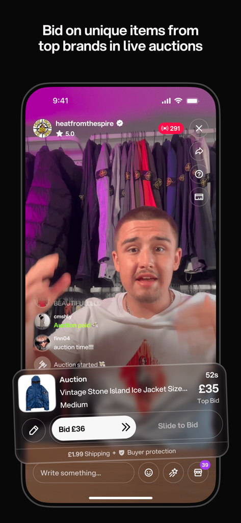 Livestream fashion auction on the Tilt app showing a seller presenting a vintage Stone Island jacket with active bidding.