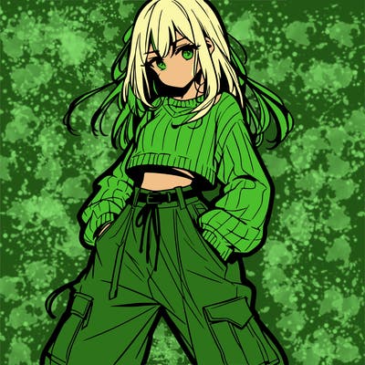 anime teen girl with baggy pants and crop top with sweater