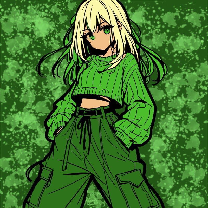 anime teen girl with baggy pants and crop top with sweater