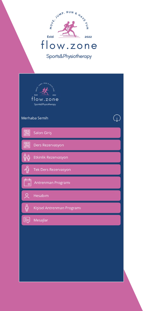 Flow Zone - Menú principal de la aplicación Flow Zone que muestra opciones para entrada al gimnasio, reserva de clases y programas de entrenamiento