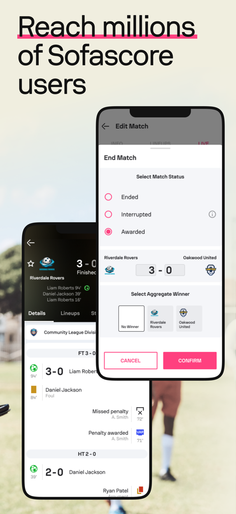 Interfaccia dell'app Torneo by Sofascore per la gestione dei punteggi e degli stati delle partite