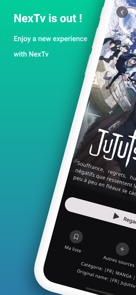 NexTv mobile app interface on a smartphone showing a detailed series page with a modern user interface