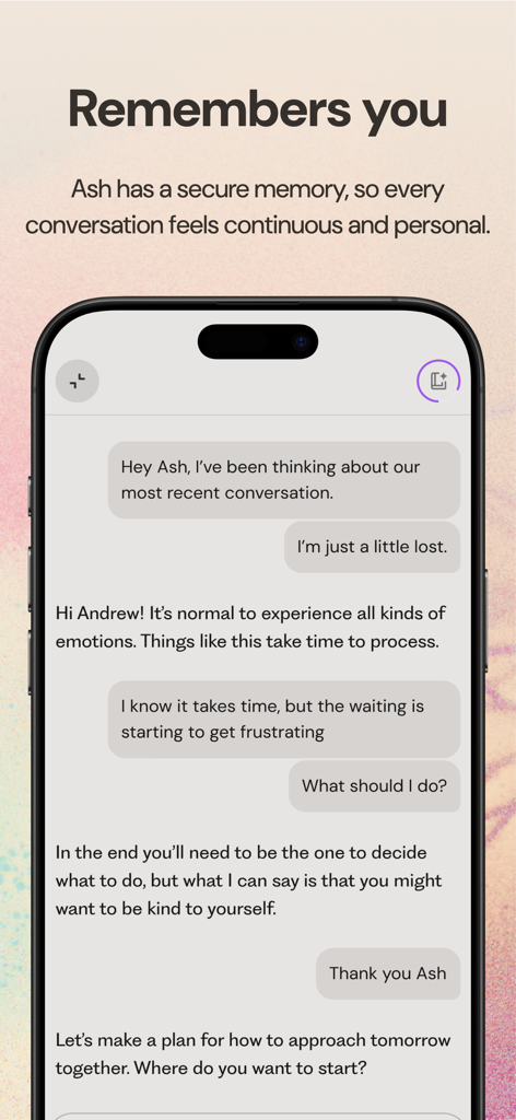 A screenshot of the Ash AI app demonstrating its secure memory feature through a continuous and personal chat conversation.