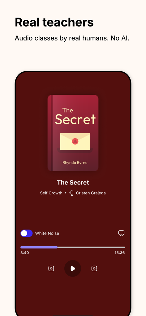 myMentalPal - Micro Learning - A screenshot of the myMentalPal app audio player interface featuring a book-based meditation session for The Secret narrated by a real human teacher.