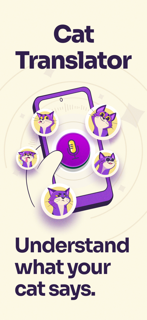 Cat Translator Pet Sounds - Tela do aplicativo Cat Translator apresentando várias expressões de gato de desenho animado e um botão de gravação de microfone