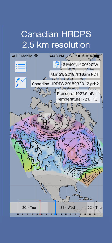 LuckGrib - LuckGrib app displaying a high resolution Canadian HRDPS 2.5 km weather model over North America