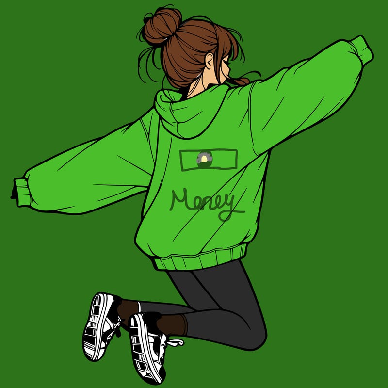 realistic girl jumping with a bun and oversized sweatshirt