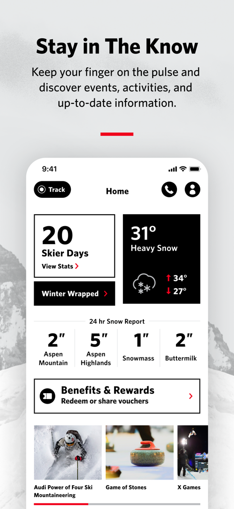Aspen Snowmass App - Aspen Snowmass app home screen showing 24 hour snow reports skier stats and local events