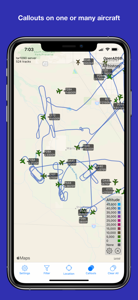 OpenADSB - OpenADSB app displaying aircraft flight paths and callouts on a map