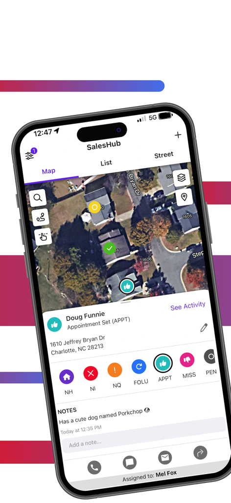 SalesRabbit+ - SalesRabbit plus mobile app interface showing satellite map view for field sales lead tracking and appointment management