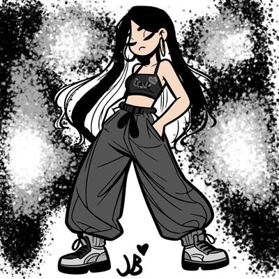 girl in baggy pants crop top and long hair