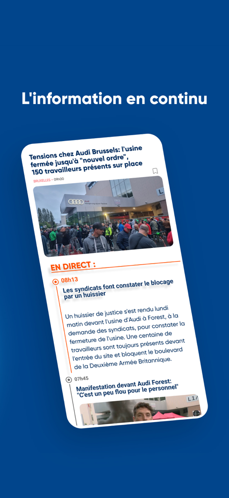 RTL info app interface displaying continuous news and live updates in French