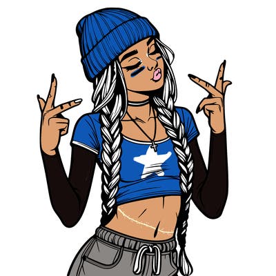realistic teenage girl with braids and a beanie and crop top doing 🫶🏼