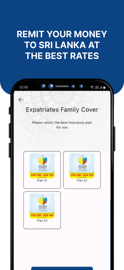 LankaRemit - Tela do aplicativo móvel LankaRemit exibindo diferentes opções de planos de seguro familiar para expatriados