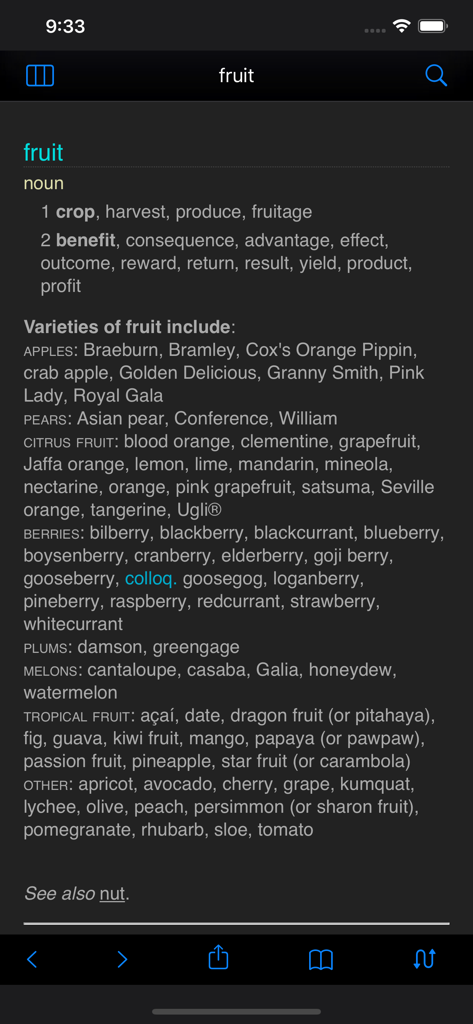 Chambers Thesaurus - A detailed thesaurus entry for the word fruit in dark mode showing synonyms and varieties.