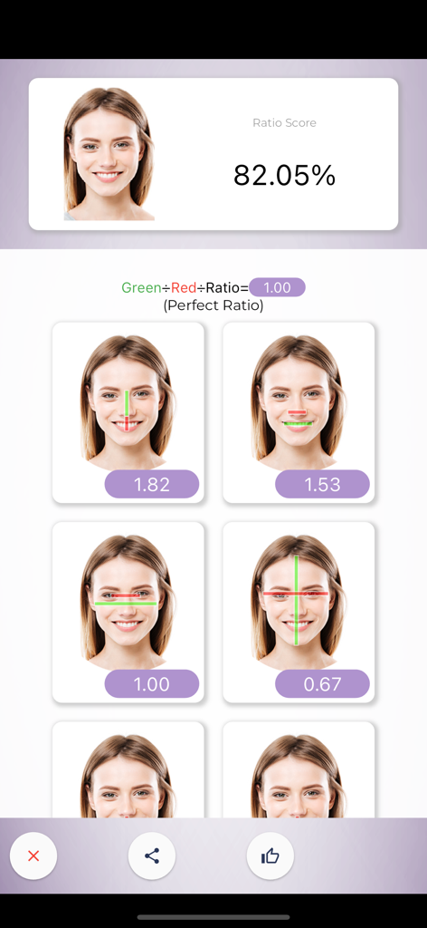 Detailed AI facial proportion report showing symmetry scores and measurements
