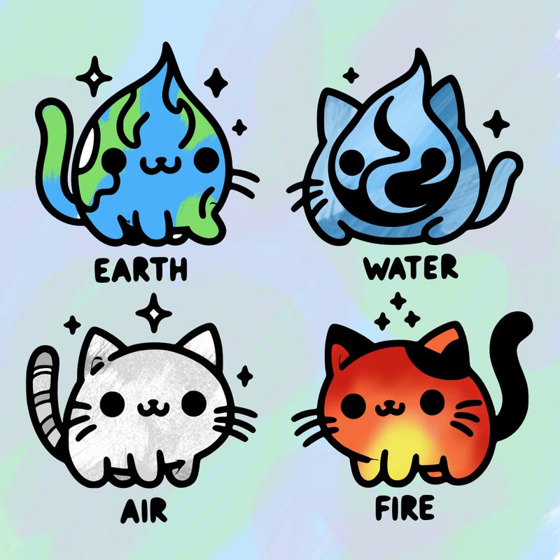 4 cats that represent the different elements, earth, water, air, and fire