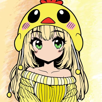 anime girl with chick shaped hat with sweater with bare shoulders with bangs covering them one eye with low tail