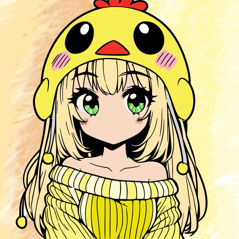 anime girl with chick shaped hat with sweater with bare shoulders with bangs covering them one eye with low tail