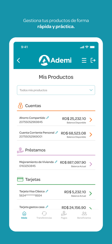 도미니카 페소로 표시된 은행 계좌, 대출 및 신용카드 잔액을 보여주는 App Ademi의 모바일 대시보드