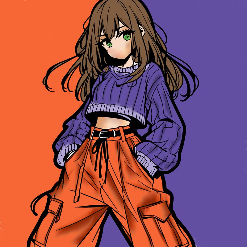 anime teen girl with baggy pants and crop top with sweater