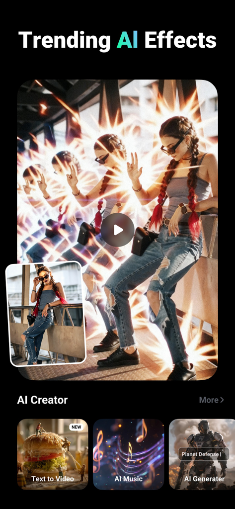 VideoShow app interface showcasing trending AI effects and AI creator tools including text to video and AI music.