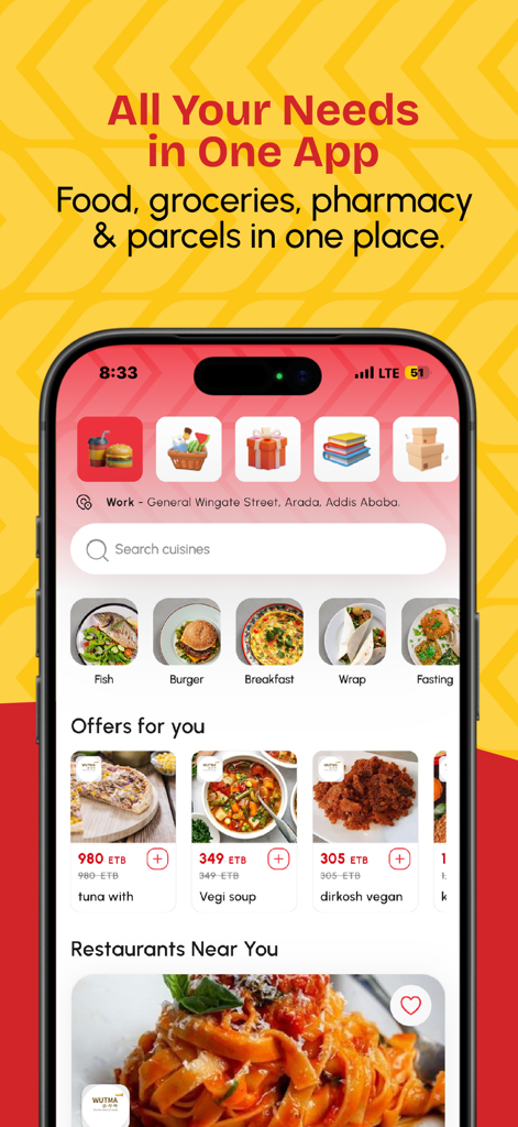 klik Delivery - Food, Shopping - Home screen of klik Delivery app for food and grocery delivery in Addis Ababa