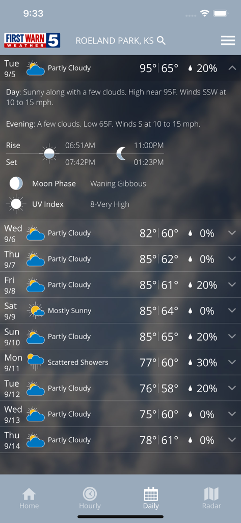 KCTV5 weather app displaying a detailed daily forecast for Roeland Park Kansas