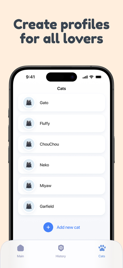 Cat Translator – Human to Pet - 여러 고양이 프로필과 새 고양이 추가 버튼을 표시하는 고양이 번역기 앱의 인터페이스.