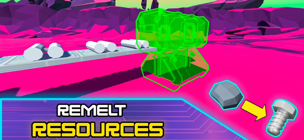 Factory - automation games inc - A mobile game screenshot of Factory automation games inc showing a green holographic machine being placed to remelt resources in a vibrant pink landscape.