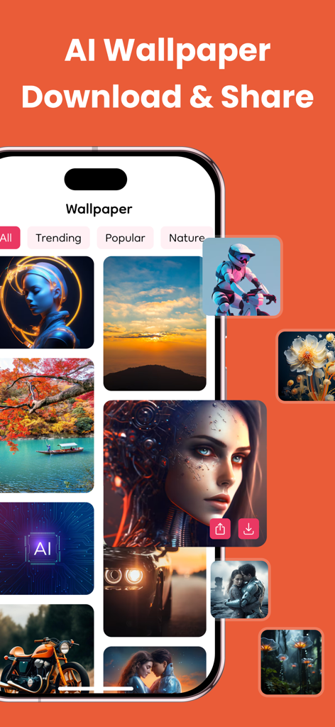 AR Draw : Sketch & Art Maker - AI wallpaper download screen showing a gallery of artistic images including landscapes and futuristic portraits