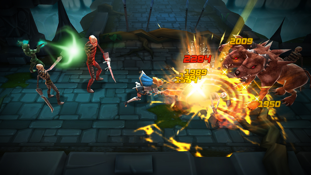 Blade Warrior: Console-style 3D Action RPG - Blade Warrior character fighting a three-headed dog and skeletons in a dungeon.