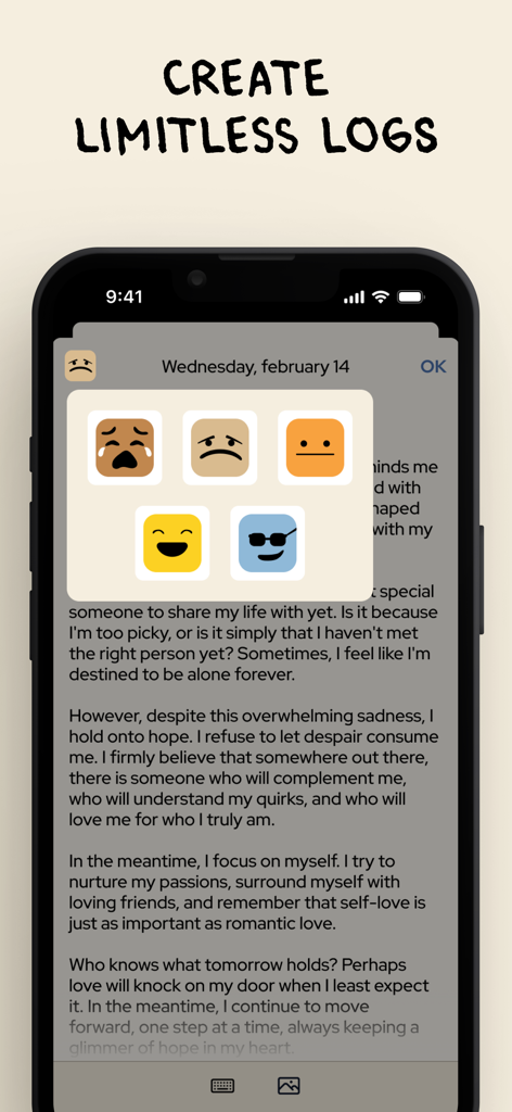 Una entrada de diario digital en un smartphone con un menú de emojis para seguir los estados de ánimo