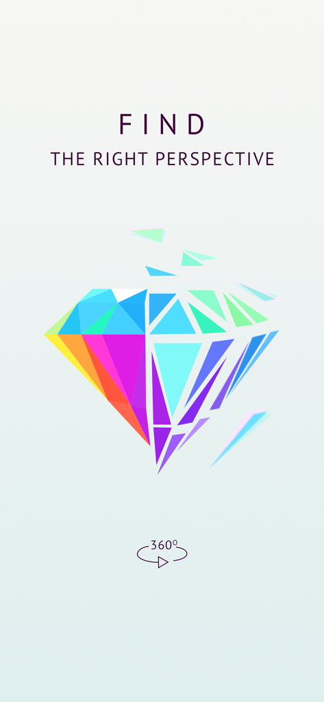 A colorful low poly diamond 3D puzzle in the Polysphere app with instructions to find the right perspective