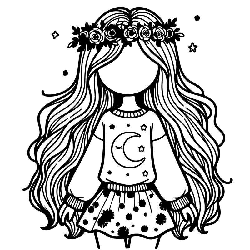 a girl with long flow hair with the flower crown and a moon sweatshirt and a floral skirt