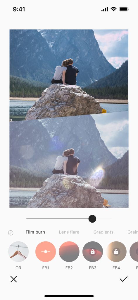 Photo editing interface in the Spring app displaying film burn and lens flare effect options for a landscape photo