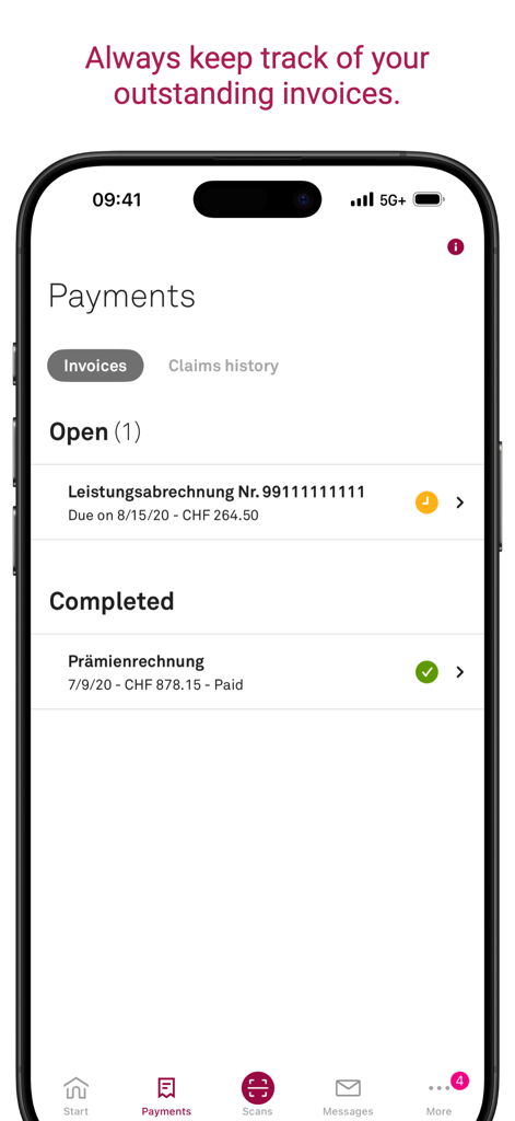 myHelsana - Screenshot of the myHelsana app showing a list of open and completed invoices for health insurance payments