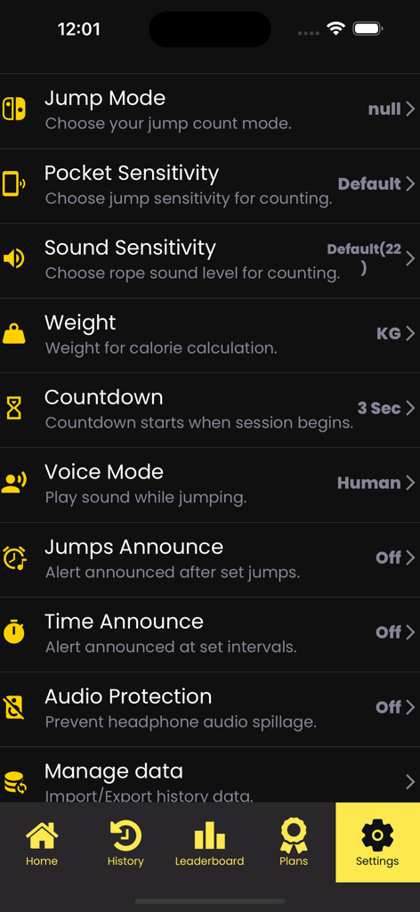 Settings screen of the Jump Rope Counter app showing customization options for jump mode sensitivity weight and workout announcements.