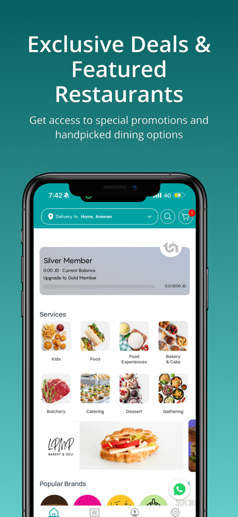 Eat Now app home screen displaying loyalty rewards membership status and food service categories like catering and bakery.